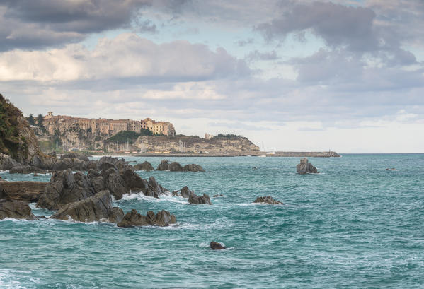 Parghelia, Province of Vibo Valentia, Calabria, Italy. Dawn at Parghelia (Michelino's Beach) with Tropea on the background.