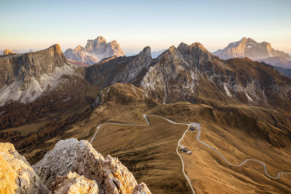 Italy,Veneto,Belluno district,mount ra Gusela,high angle view of Giau pass and in the background the Pelmo and Civetta mountains