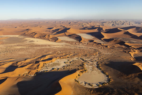 Aerial view of the sand dunes of Sossusvlei and Deadvlei at sunset,Namib Naukluft national park,Namibia,Africa