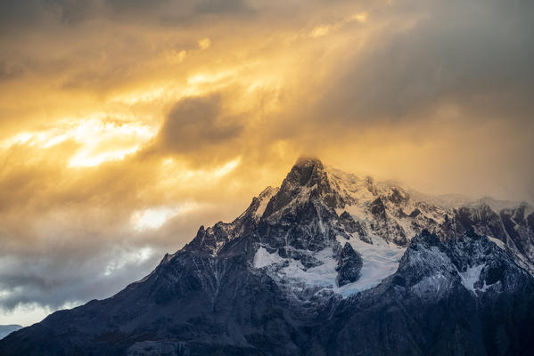 Close up on Cerro Paine Grande at sunset. Torres del Paine National Park, Ultima Esperanza province, Chile.