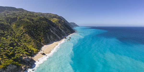 Aerial view of Megali Petra beach, Lefkada, Ionian Islands region, Greece.