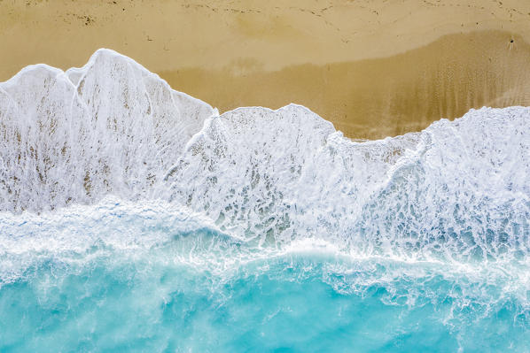 Aerial view of beach and waves. Lefkada, Ionian Islands region, Greece.