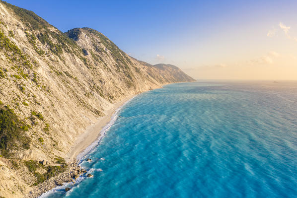 Aerial view of Megali Petra beach, Lefkada, Ionian Islands region, Greece.