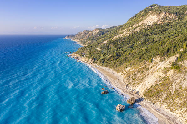 Aerial view of Megali Petra beach, Lefkada, Ionian Islands region, Greece.