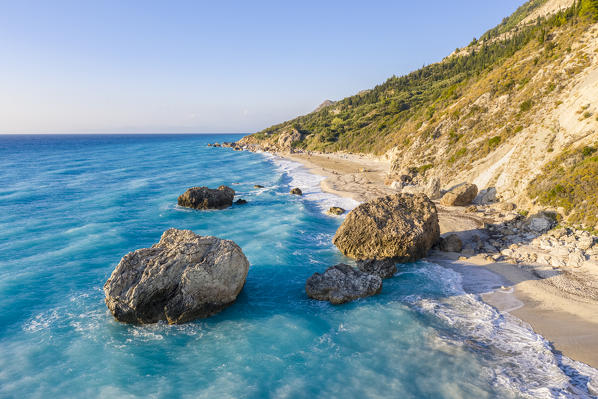 Rocks on Megali Petra beach, Lefkada, Ionian Islands region, Greece.