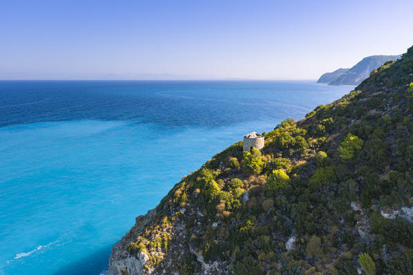 Tower above Milos Beach, Agios Nikitas, Lefkada, Ionian Islands region, Greece.