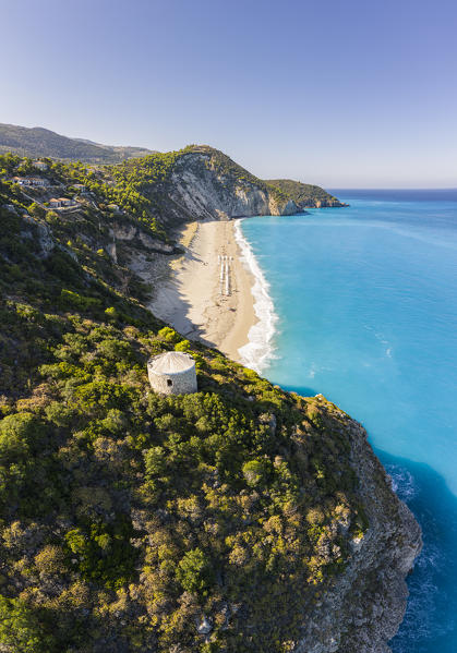 Tower above Milos Beach, Agios Nikitas, Lefkada, Ionian Islands region, Greece.