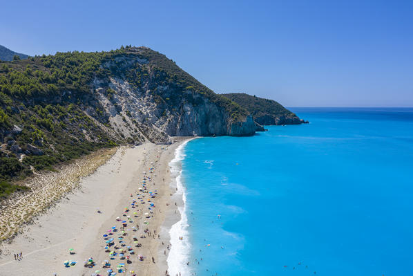 Sunshades on Milos Beach in summer. Agios Nikitas,  Lefkada, Ionian Islands region, Greece.