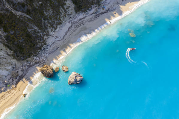 Aerial view of rock and sandy beach of Megali Petra beach. Lefkada, Ionian Islands region, Greece.