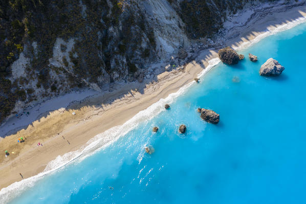 Aerial view of rock and sandy beach of Megali Petra beach. Lefkada, Ionian Islands region, Greece.