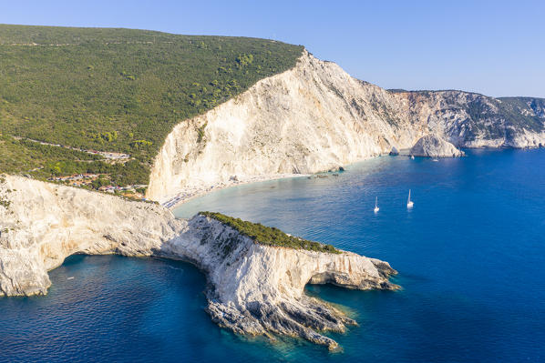 Arial view of the bay of Porto Katsiki, Lefkada, Ionian Islands region, Greece.