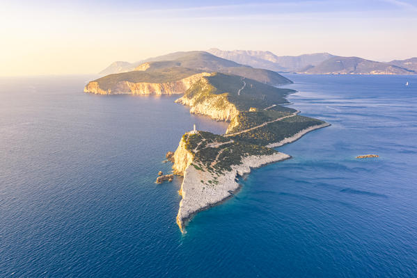 Aerial view of the lighthouse of Cape Lefkatas, Lefkada, Ionian Islands region, Greece.