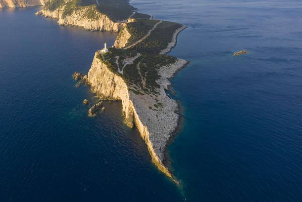 Aerial view of the lighthouse of Cape Lefkatas, Lefkada, Ionian Islands region, Greece.