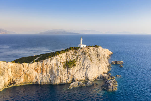 Aerial view of the lighthouse of Cape Lefkatas, Lefkada, Ionian Islands region, Greece.