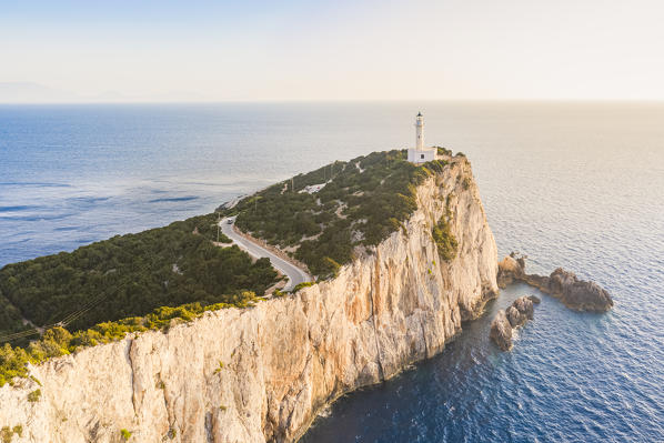 Aerial view of the lighthouse of Cape Lefkatas, Lefkada, Ionian Islands region, Greece.