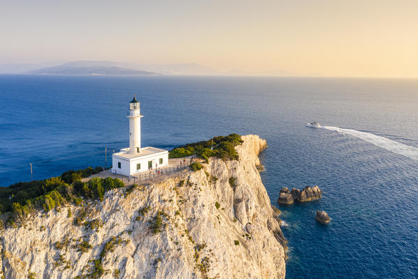 Aerial view of the lighthouse of Cape Lefkatas, Lefkada, Ionian Islands region, Greece.