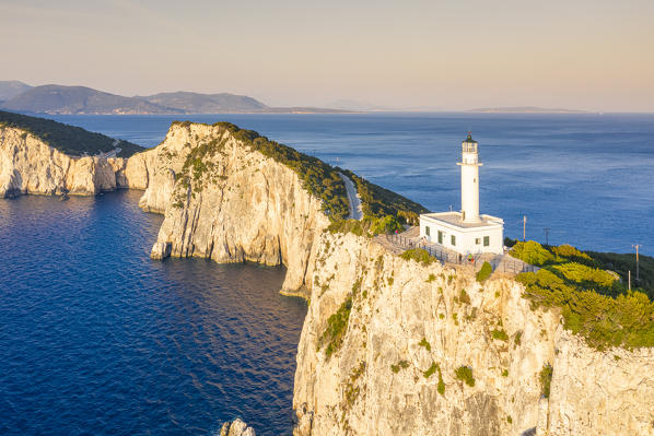 Aerial view of the lighthouse of Cape Lefkatas, Lefkada, Ionian Islands region, Greece.