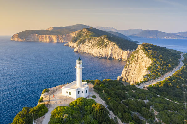 Aerial view of the lighthouse of Cape Lefkatas, Lefkada, Ionian Islands region, Greece.