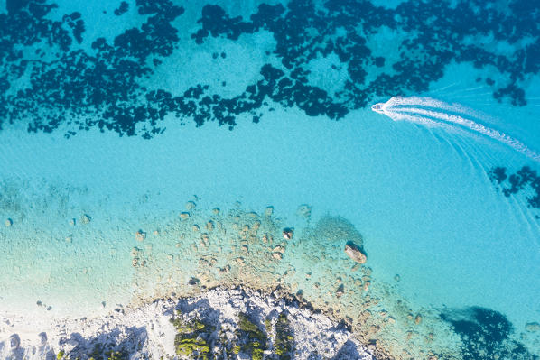 Boat sails on the Mediterranean sea. Lefkada, Ionian Islands region, Greece.