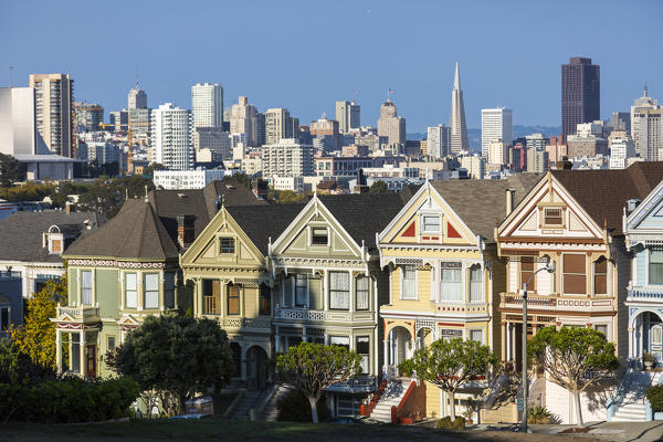 Painted Ladies, the victorian rowhouses in Haight-Ashbury neighborhood. San Francisco, Marin County, California, USA.