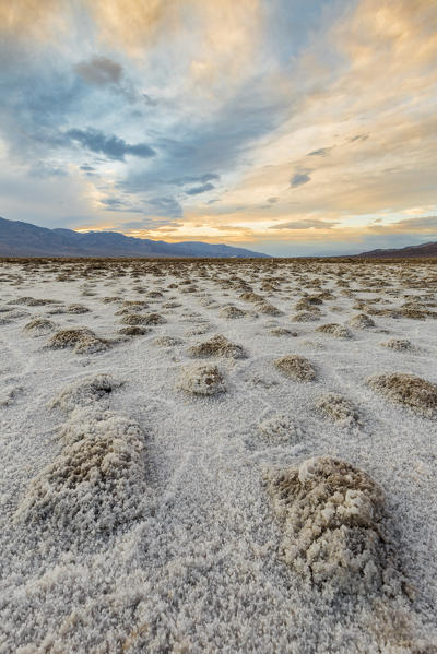 Sunset landscape at Badwater Basin. Death Valley National Park, Inyo County, California, USA.