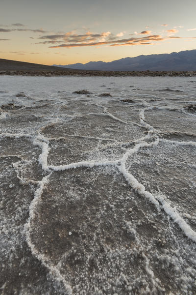 Sunset landscape at Badwater Basin. Death Valley National Park, Inyo County, California, USA.