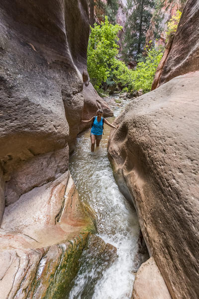 Woman hiking in Kanarra Creek Canyon, Kanarraville, Iron County, Utah, USA.