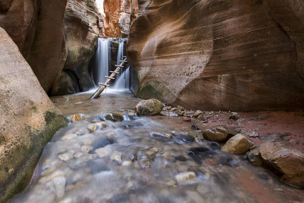 Waterfall  and ladder in Kanarra Creek Canyon. Kanarraville, Iron County, Utah, USA.