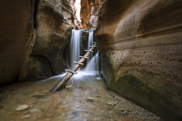 Waterfall  and ladder in Kanarra Creek Canyon. Kanarraville, Iron County, Utah, USA.