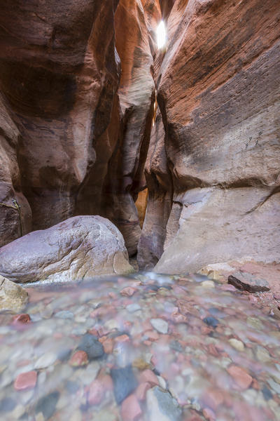 Water flowing in Kanarra Creek Canyon. Kanarraville, Iron County, Utah, USA.