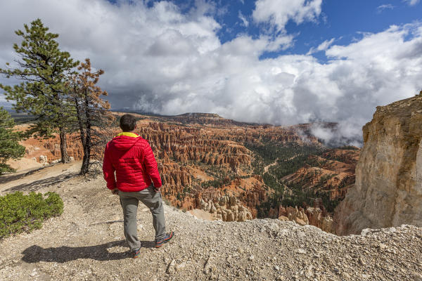 Man gazing at the landscape from Inspiration Point. Bryce Canyon National Park, Garfield County, Utah, USA.