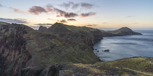 View of Point of St Lawrence and Furado Point at dawn. Canical, Machico district, Madeira region, Portugal.