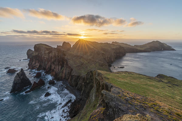 View of Point of St Lawrence and Furado Point at dawn. Canical, Machico district, Madeira region, Portugal.