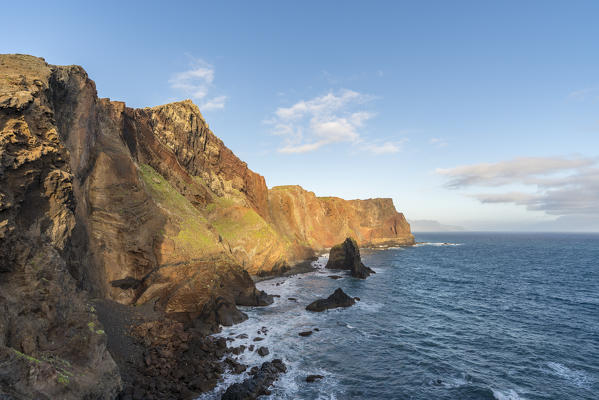 Rocks and cliffs on the Atlantic Ocean at Point of St Lawrence. Canical, Machico district, Madeira region, Portugal.