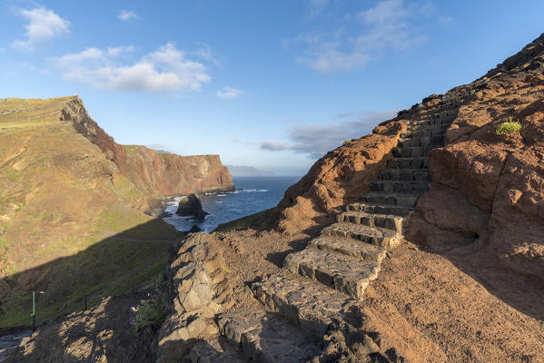 Steps on the trail to Point of Saint Lawrence. Canical, Machico district, Madeira region, Portugal.