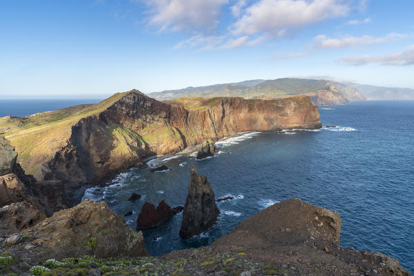 Rocks and cliffs on the Atlantic Ocean at Point of St Lawrence. Canical, Machico district, Madeira region, Portugal.