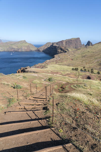 Pr8 trail to St Lawrence Point, looking towards Sardines' Bay. Canical, Machico district, Madeira region, Portugal.