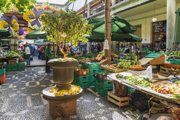 Flower decorations at Mercado dos Lavradores - Farmers' Market. Funchal, Madeira region, Portugal.