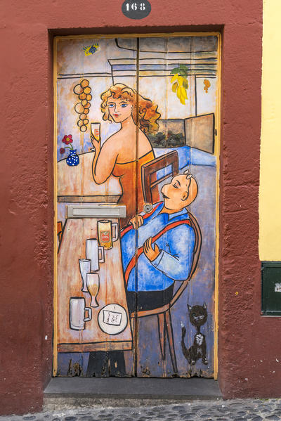 Painted doors in Santa Maria street for the Art of Open Doors project. Funchal, Madeira region, Portugal.