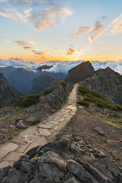 Sunset over Vereda do Areeiro, the trail that links Pico Ruivo to Pico do Arieiro. Funchal, Madeira region, Portugal.