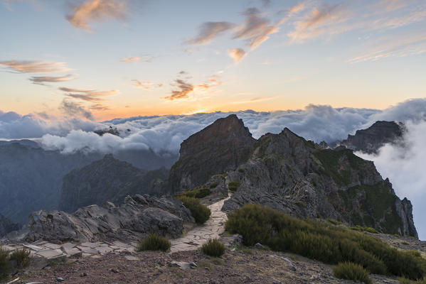 Sunset over Vereda do Areeiro, the trail that links Pico Ruivo to Pico do Arieiro. Funchal, Madeira region, Portugal.