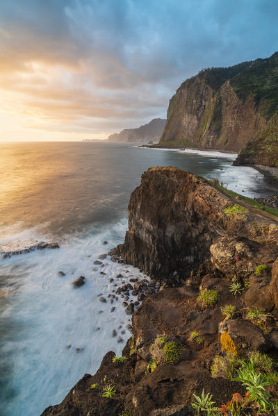 Cliffs on the Atlantic Ocean at dawn. Faial, Santana municipality, Madeira region, Portugal.