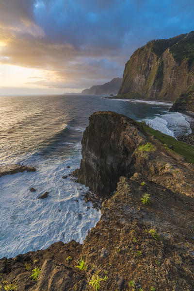 Cliffs on the Atlantic Ocean at dawn. Faial, Santana municipality, Madeira region, Portugal.