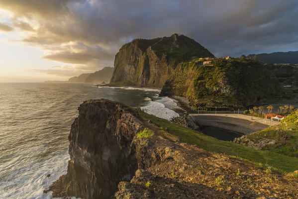 Faial beach and its cliffs at sunrise. Faial, Santana municipality, Madeira region, Portugal.