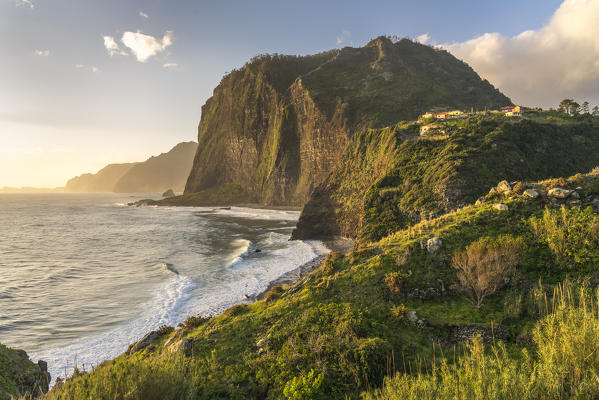 Cliffs and waves at Faial, Santana municipality, Madeira region, Portugal.