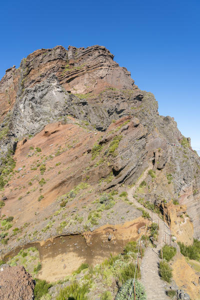 The steep trail from Pico Ruivo to Pico do Areeiro. Funchal, Madeira region, Portugal.