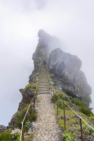 Woman climbing up the steps on the trail at Pico do Areeiro. Funchal, Madeira region, Portugal.