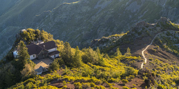 Casa do Obrigo hut shot from Pico Ruivo. Achada do Teixeira, Santana municipality, Madeira region, Portugal.