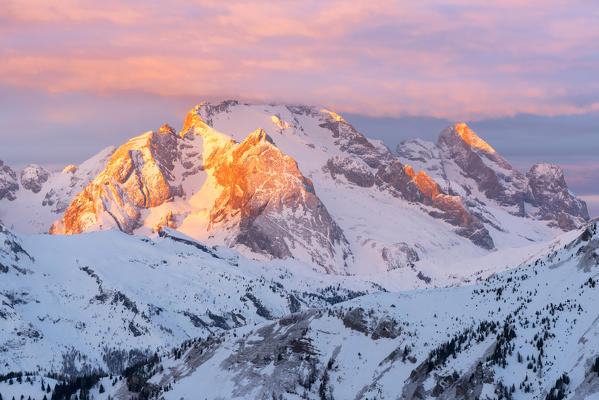 Marmolada at sunrise in winter season. Europe, Italy, Veneto, Belluno province, Giau pass