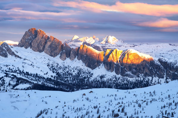 view of the Dolomites at sunrise. Europe, Italy, Veneto, Belluno province, Giau pass